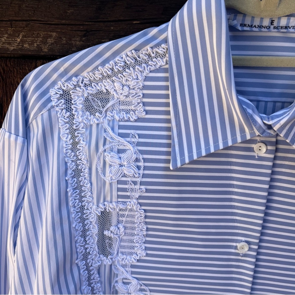 Ermanno Scervino White and Blue Striped Dress Shirt with Embroidery Sz 6